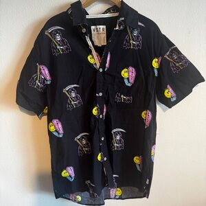 VSTR Premium Men's Printed Reaper Smiley Short Sleeved Button Down Shirt SizeL